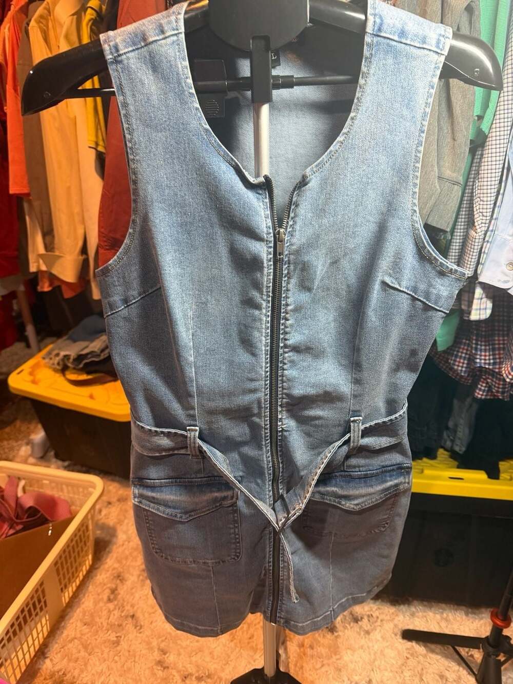 Peace Love Eco by Rewash Denim Mini Dress Size L Zip Front Belted Blue